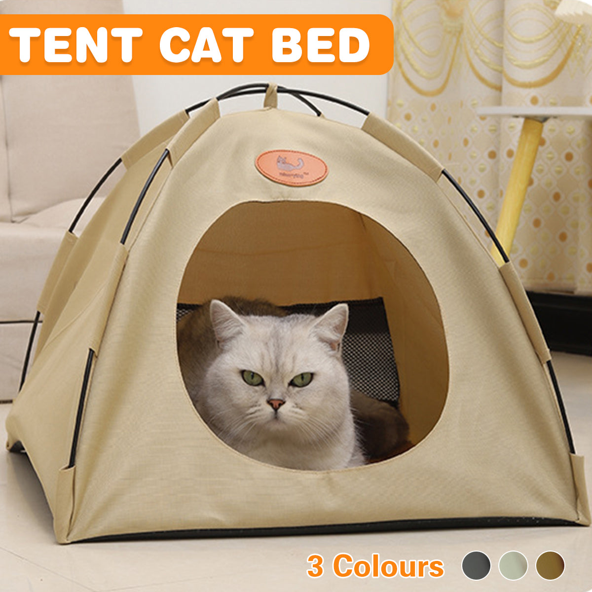 V528-PET-HOUSE-BEIGE-L-818769-202509302027-00 Folding Camping Pet Tent for Cats Puppy Bed Indoor Cat Nest Dog Cave Style House - Beige - Image 1