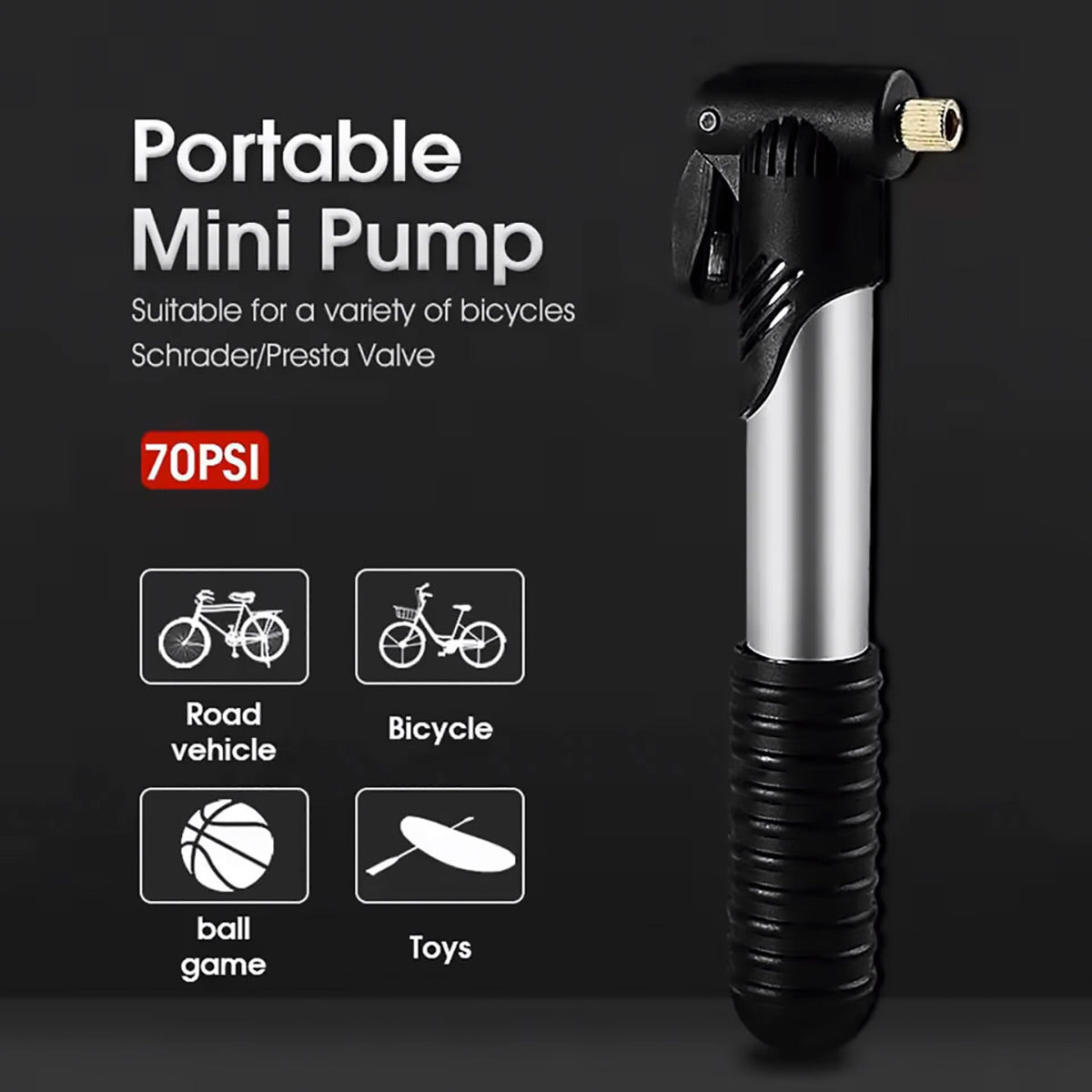 V528-PUMP-BLACK-462292-202509251225-00 Aluminium Mini Bicycle Air Pump Bike Hand Ball Inflator Portable Cycling Tyre - Image 1