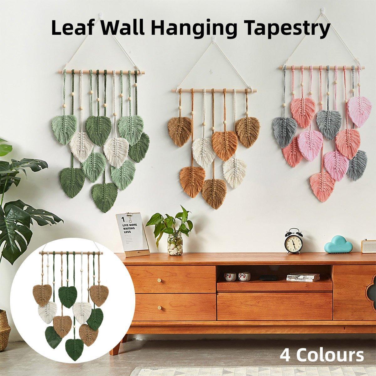 V528-TAPESTRY-GREEN-722774-202509302300-00 Handmade Braided Cotton Rope Leaves Wall Hanging Home Decoration Ornament - Green - Image 1