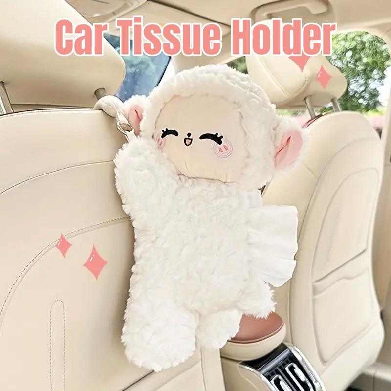 V528-TISSUE-BOX-SHEEP-316108-202509251440-00 Car Tissue Box Multifunctional Hanging Drawer Box Cartoon Plush Sheep Design - Image 1