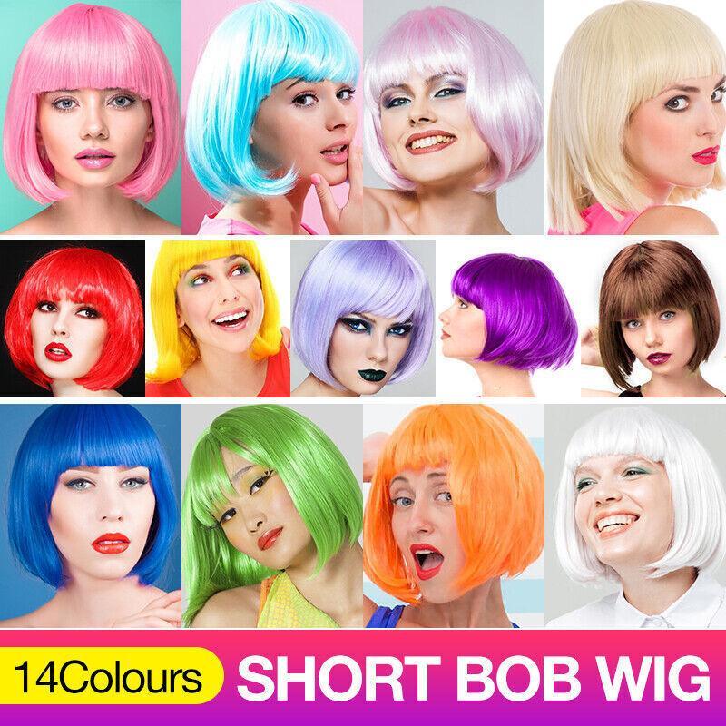 V528-WIGS-YELLOW-131130-202509301555-00 Short Bob Wig with Bangs for Women Synthetic Cosplay Party Hair in 14 Colours - Yellow - Image 1