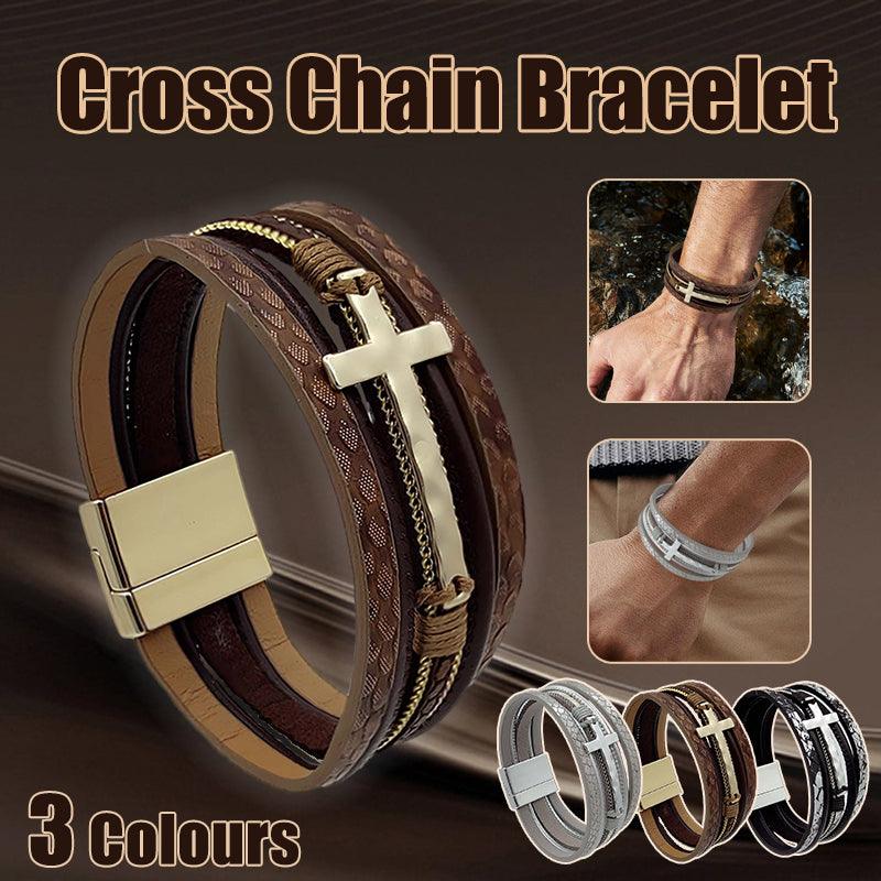 V528-XY00741-COFFEE-416717-202510010945-00 Men Cross Bracelet Multi-Layer Leather Wristband Stainless Steel Stylish Gift - Coffee - Image 1