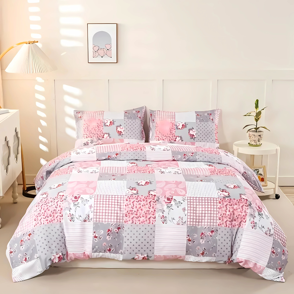 V535-QC-SOFT-PINK-PLAID-K-202508221310-00 Dreamfields - Soft Pink Plaid Quilt Cover Set - (3pcs, King Size) - Image 1