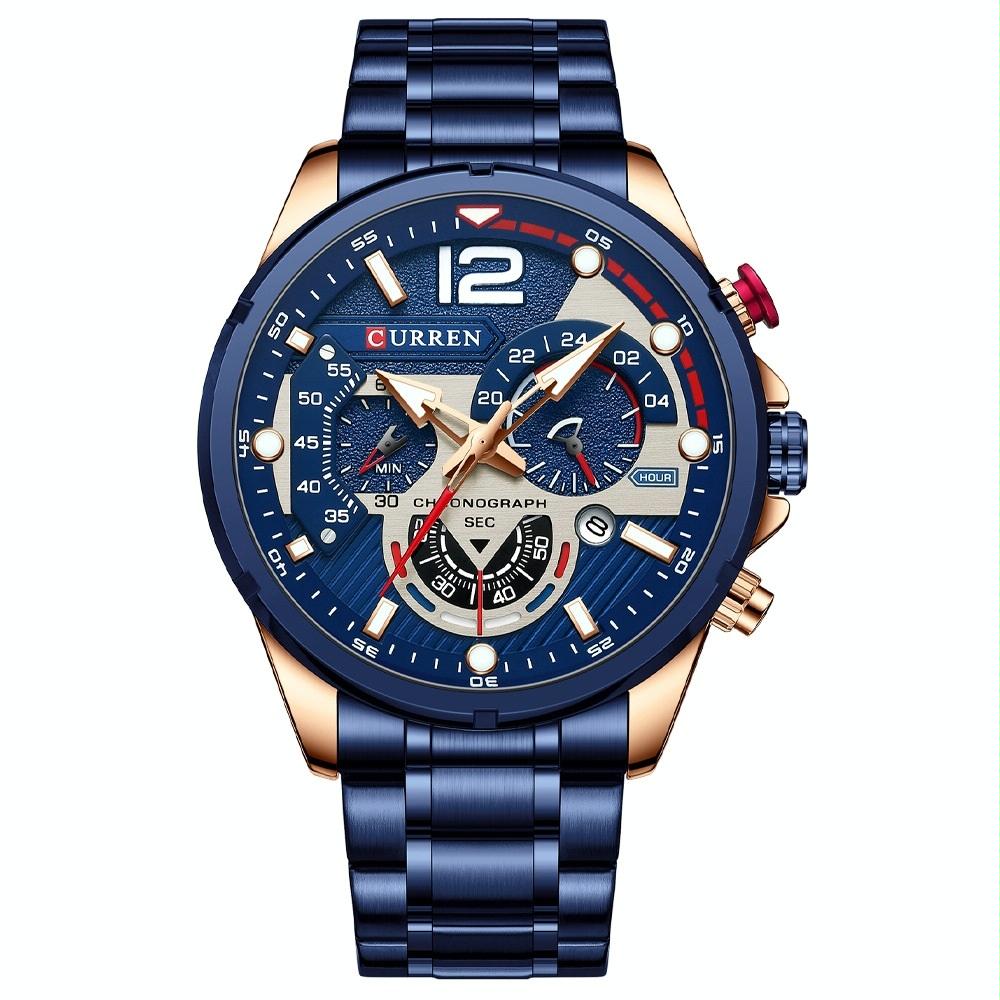 V562-1052934060DBT-202508280926-00 Men Quartz Watch with Six-hand Steel Strap and Calendar - Rose Shell Blue - Image 1