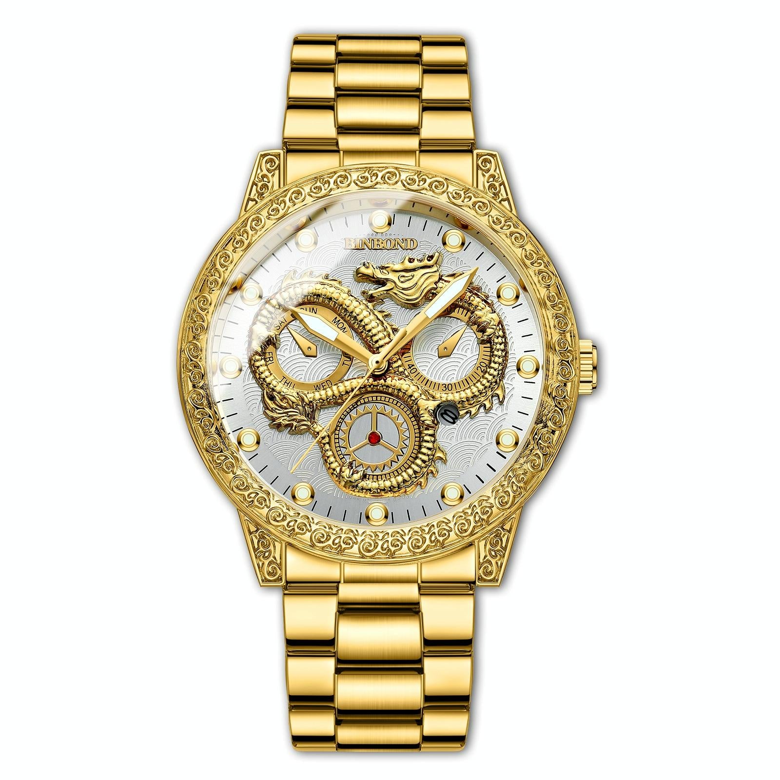 V562-3041454060DBT-202508290910-00 Dragon Embossed Luminous Waterproof Watch - Quartz - Full-Gold White - Image 1
