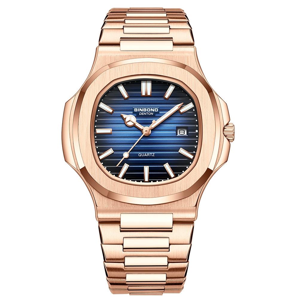 V562-5056354060DBT-202508282046-00 Retro Luminous Square Men Quartz Watch - 30m Waterproof - Rose Gold-Blue - Image 1