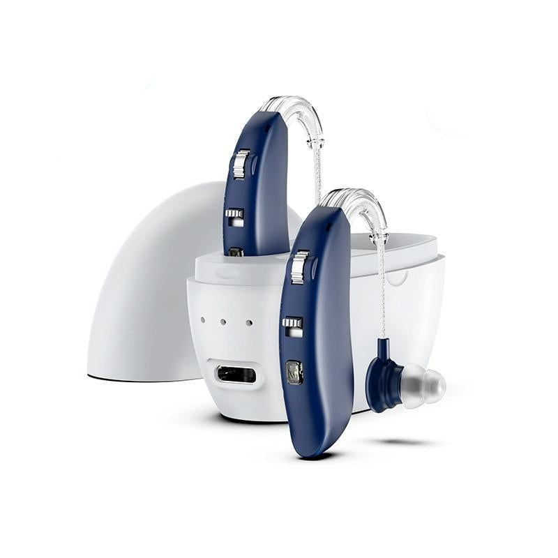 V562-6040303060DBT-202508272103-00 Rechargeable Hearing Aid Amplifier With Charging Pod Blue+White - Image 1