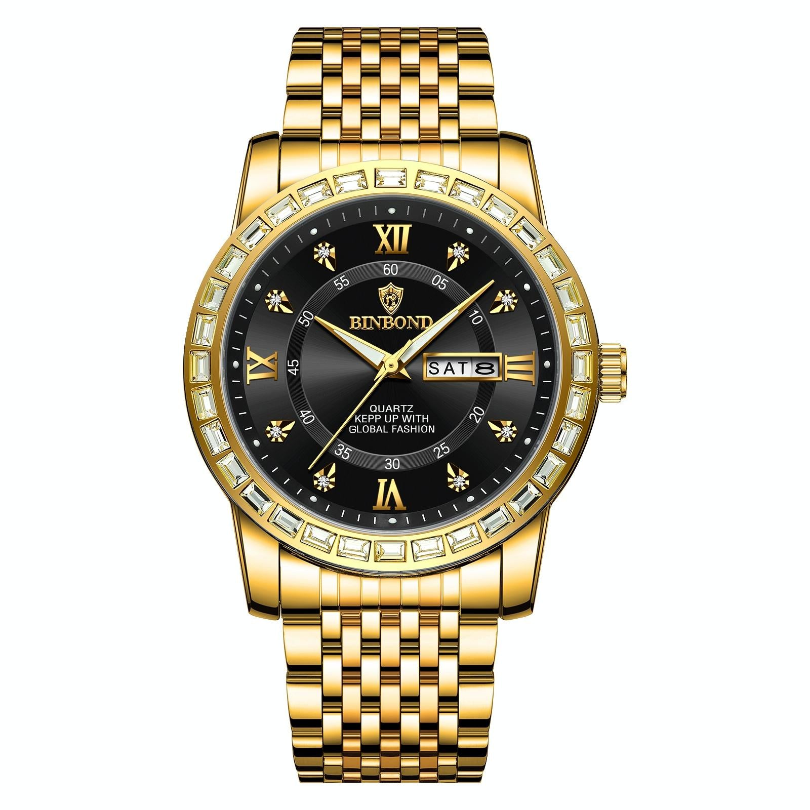 V562-6096384060DBT-202508290825-00 Diamond Dual-calendar Luminous Quartz Watch - B2202 - Full-Gold-Black - Image 1