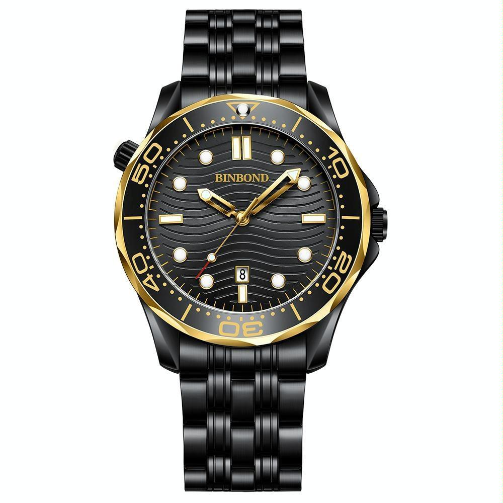 V562-7028043060DBT-202508271554-00 30m Waterproof Men Quartz Watch - Black Steel with Inter-gold Accents and Luminous Dial - Image 1