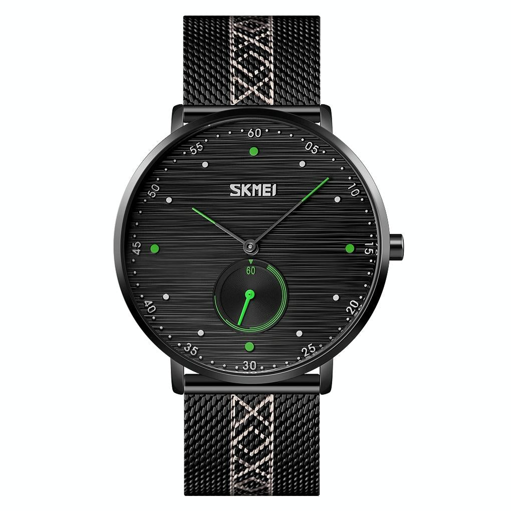 V562-A104539100ADE-202508281735-00 Men Striped Arabic Numeral Mesh Quartz Watch - Horizontal Design - Green - Image 1