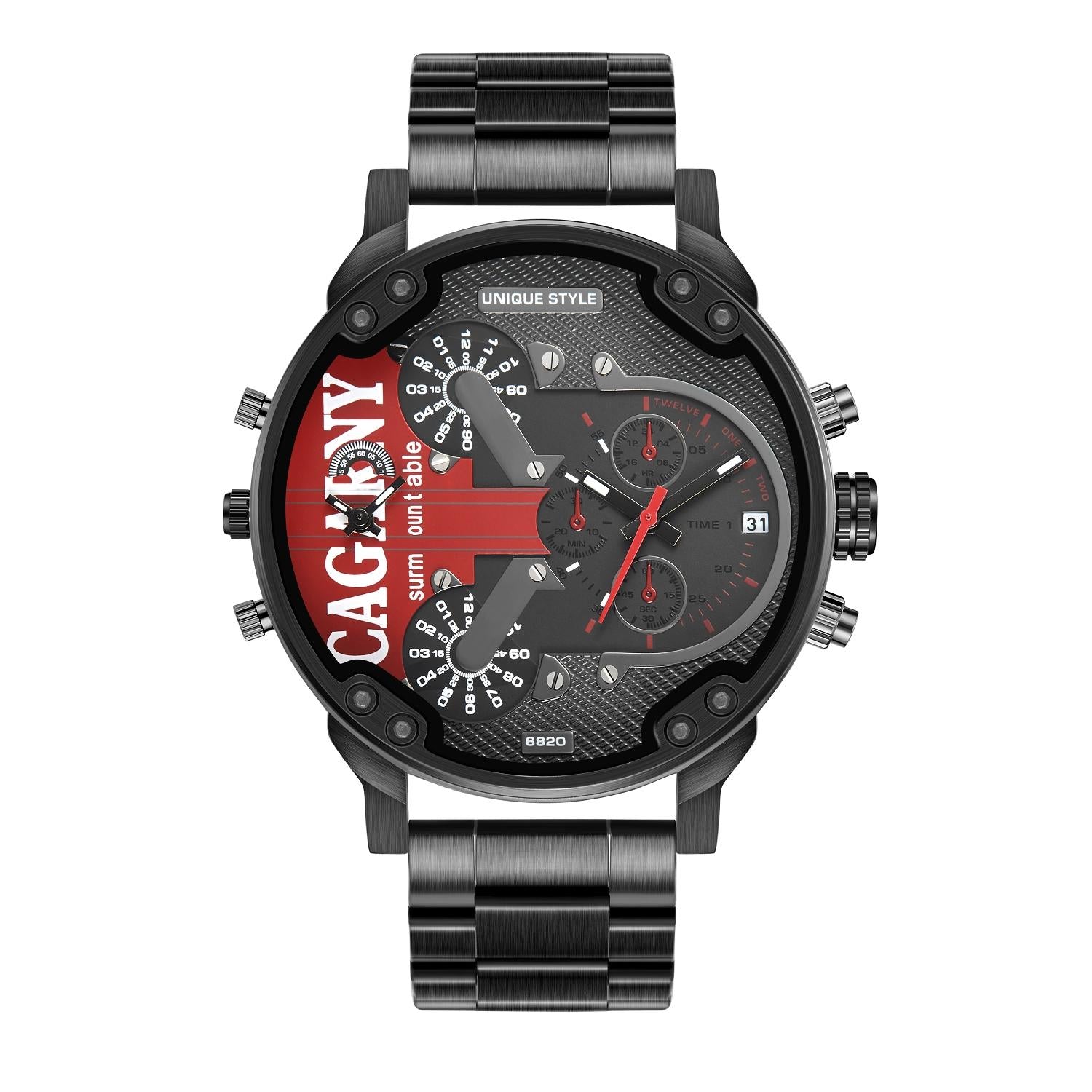 V562-A105700500ADE-202508271103-00 Men Dual Movement Steel Quartz Watch with Red Face and Black Strap - Image 1