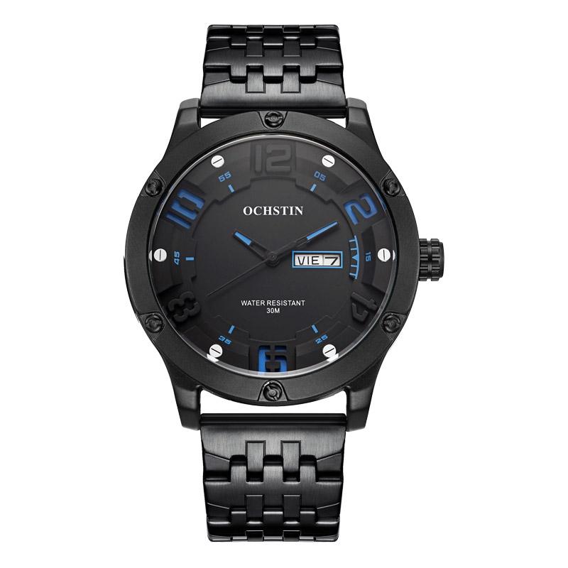 V562-B100050400ADE-202508281832-00 Stylish Day-date Men Quartz Watch with Steel Strap - Black Blue - Image 1