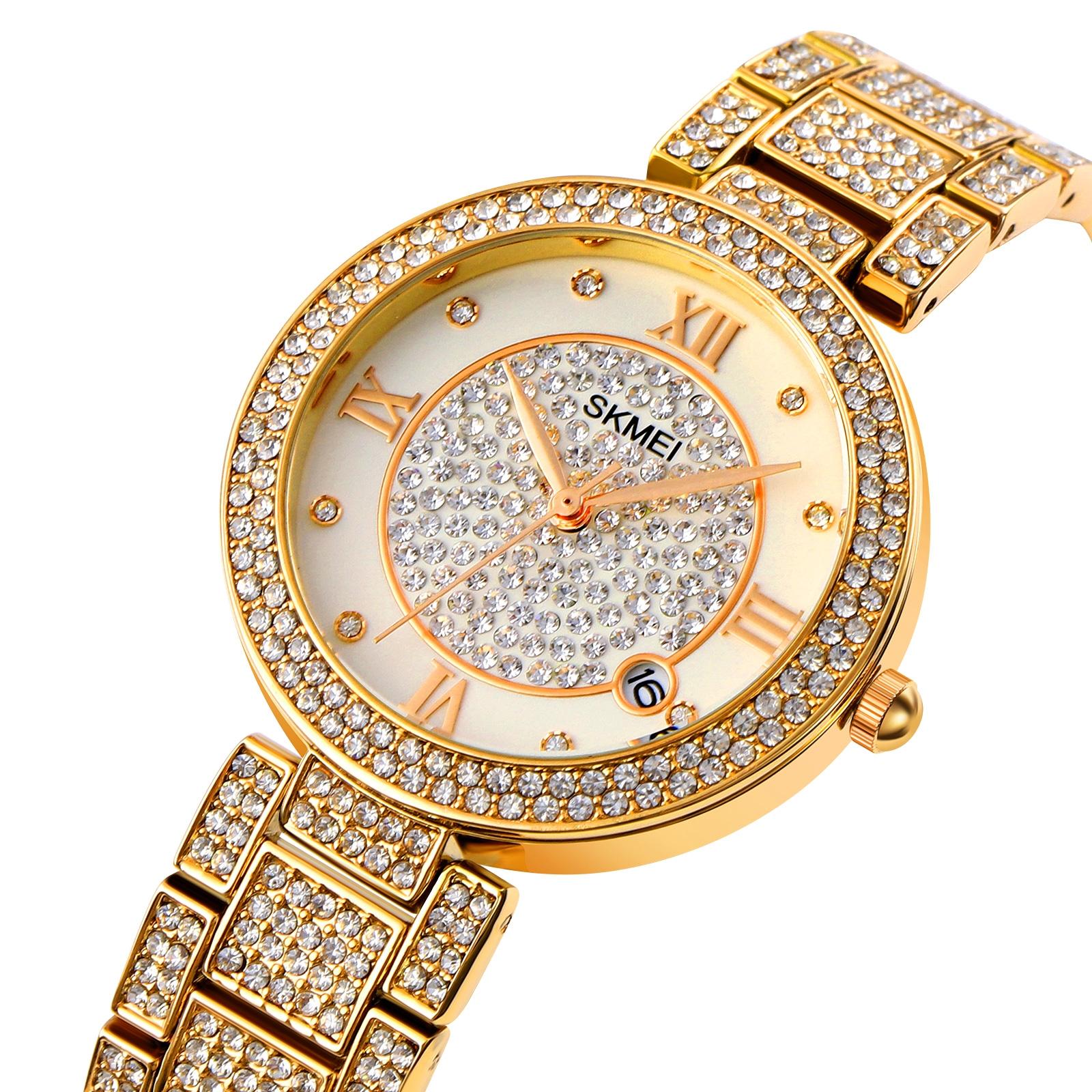 V562-B101068100ADE-202508280611-00 Women Quartz Watch with Diamond Roman Numerals and Round Dial - Gold - Image 1