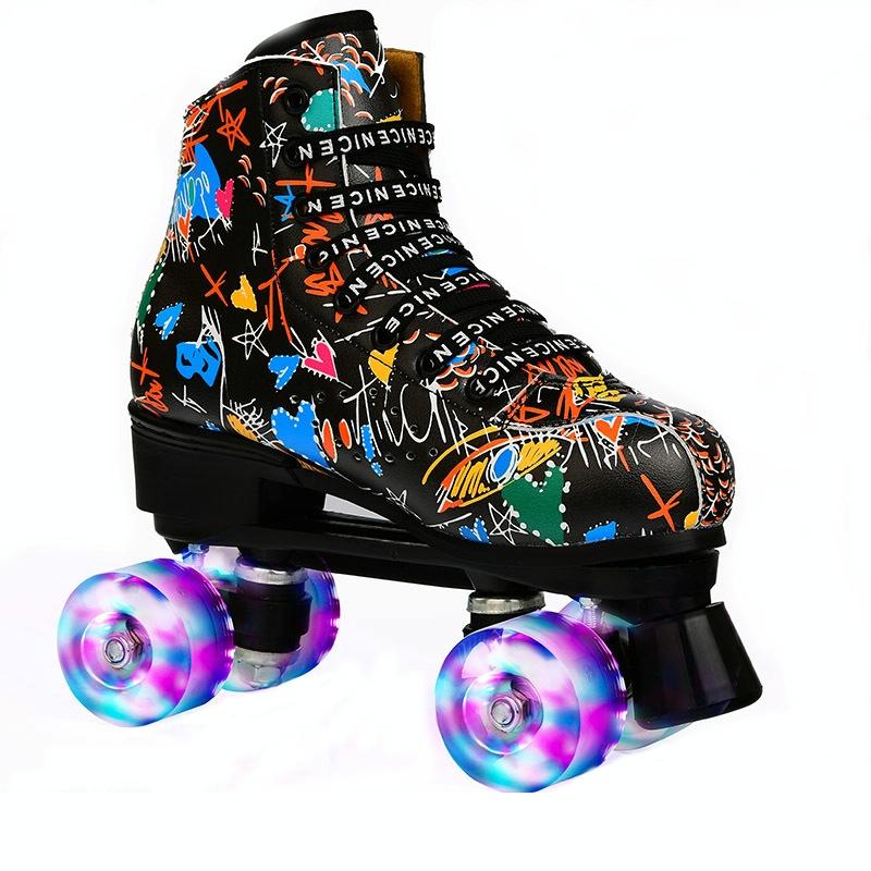 V562-B1027795650DBT-202508281430-00 Double Row Four-wheel Roller Skating Shoes for Adult Children - Size 34 - Flash Wheel Black - Image 1
