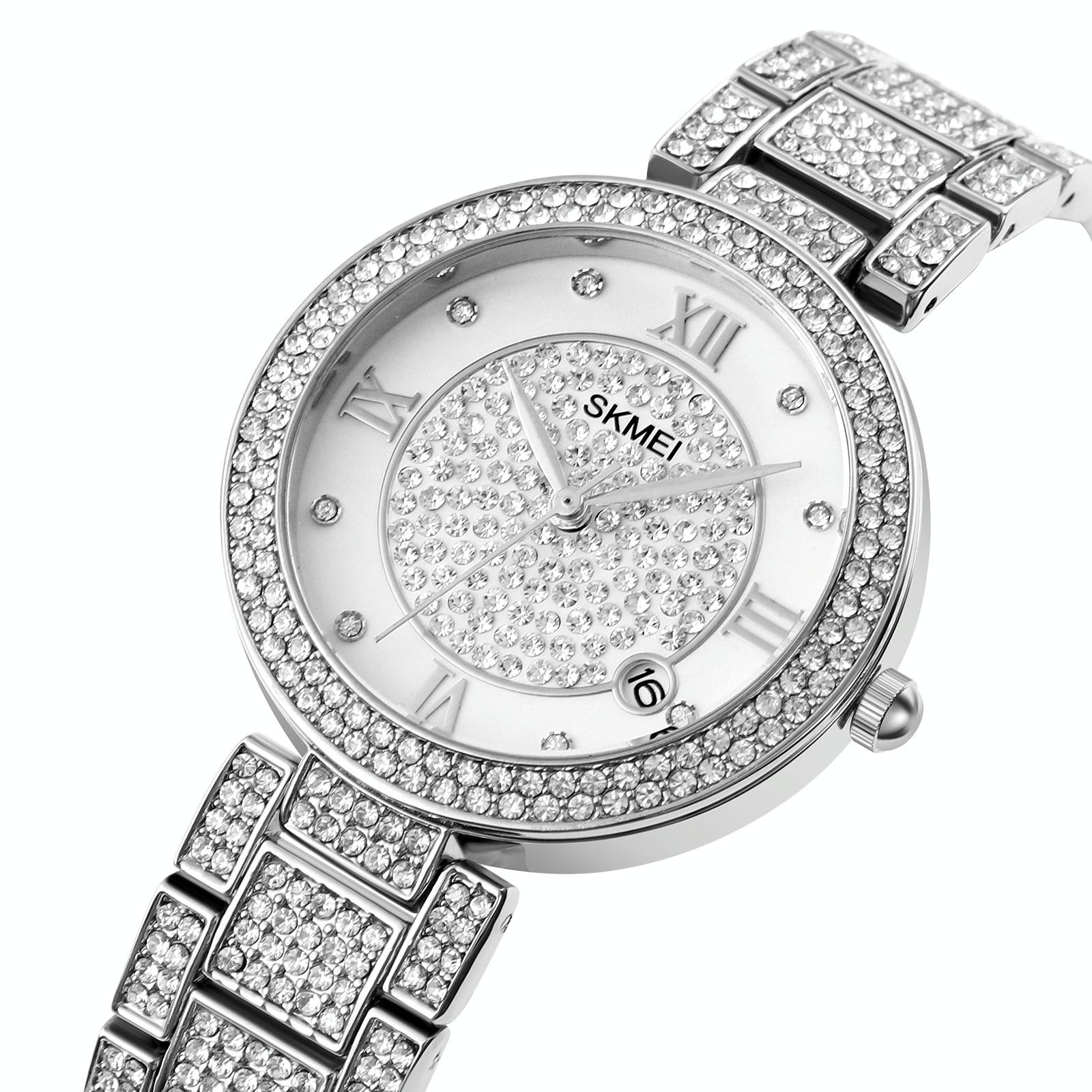 V562-C101068100ADE-202508280610-00 Women Quartz Watch with Diamond Roman Numerals and Round Dial - Silver - Image 1
