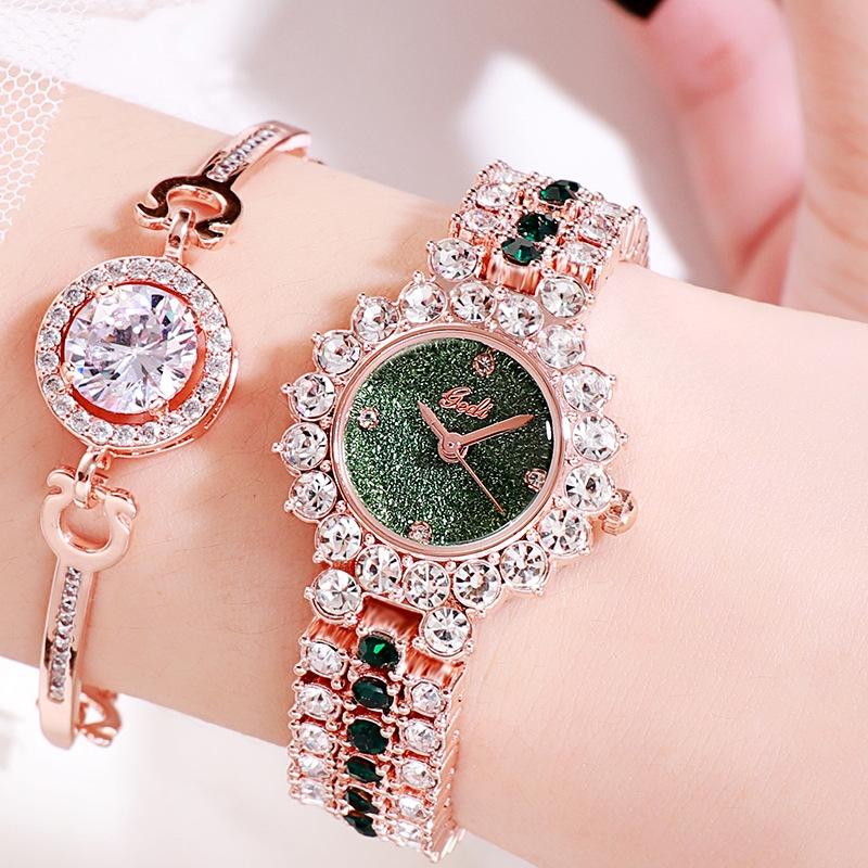 V562-E1051738550DBT-202508282135-00 Women Quartz Bracelet Watch with Diamond Accents - Rose Gold Shell Green Plate - Image 1