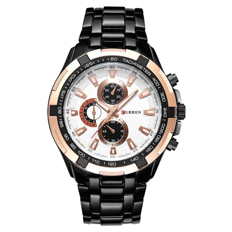 V562-F1082561020DBT-202508281725-00 Stainless Steel Men Analog Sport Watch - 8023 - Black Case Gold Ring White Face - Image 1