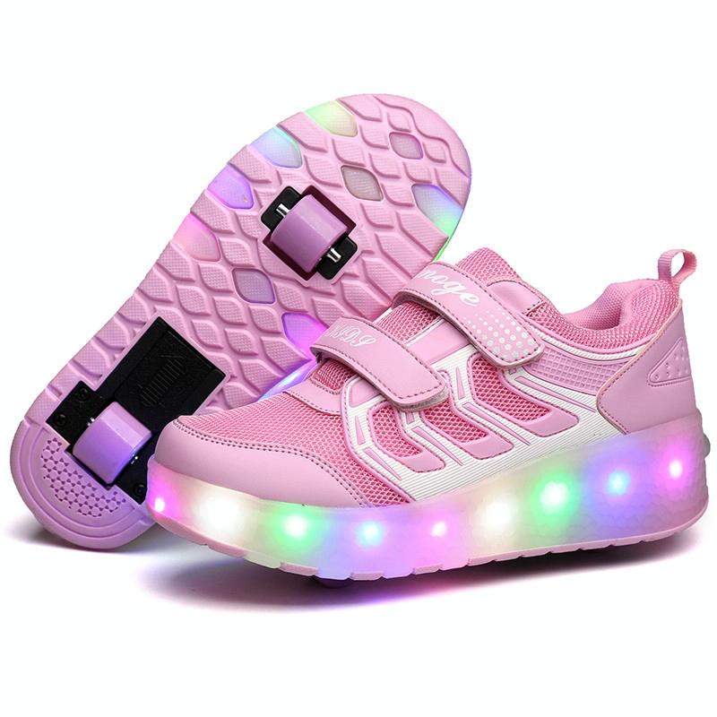 V562-F6693GO-202508280920-00 Rechargeable Double Wheel Roller Skating Shoes - Ultra Light Mesh Surface - Size 34 - Pink - Image 1