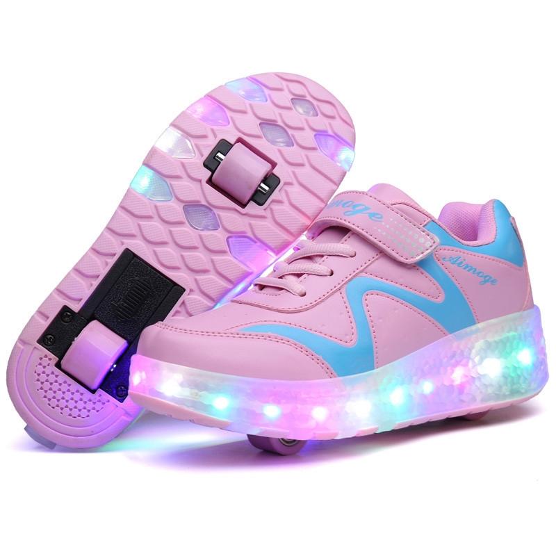 V562-F8393GO-202508271754-00 Rechargeable Double Wheel Roller Skating Shoes - Pink Size 32 - Image 1
