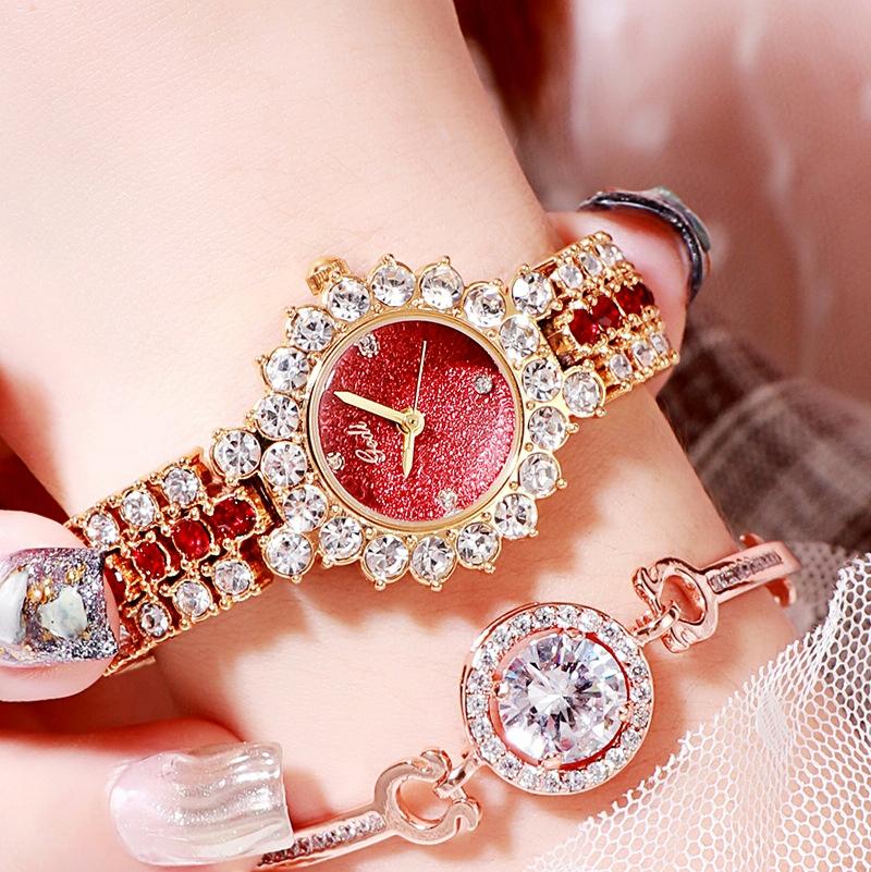 V562-G1051738550DBT-202508282126-00 Women Quartz Bracelet Watch with Diamond Accents - Gold Shell Red Plate - Image 1
