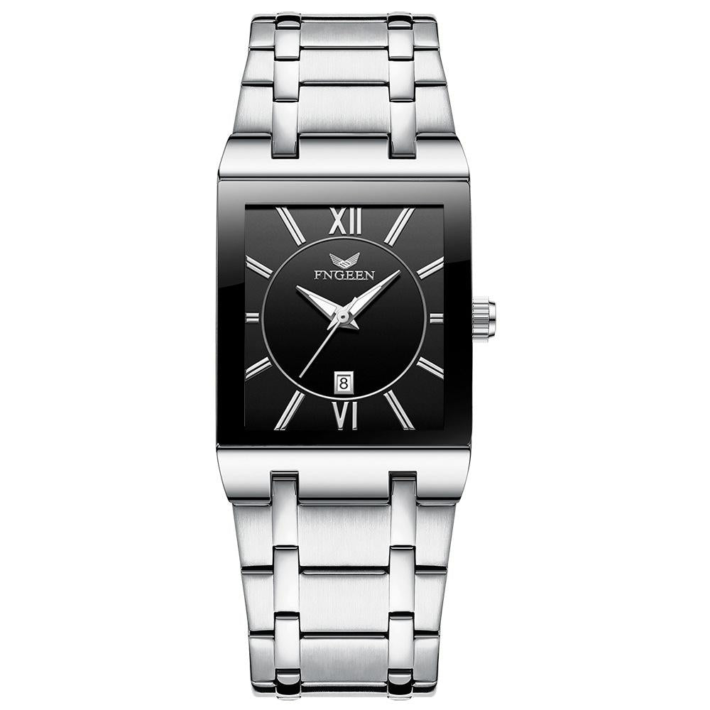 V562-G1083622060DBT-202508281545-00 Waterproof Square Men Watch with Calendar - 50m - White Steel Black Surface - Image 1