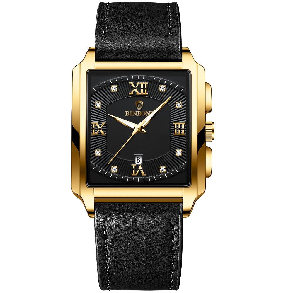 V562-I1013533060DBT-202508281036-00 Waterproof Men Quartz Watch - Rectangular Outdoor Design - Black Leather-Full Gold-Black - Image 1