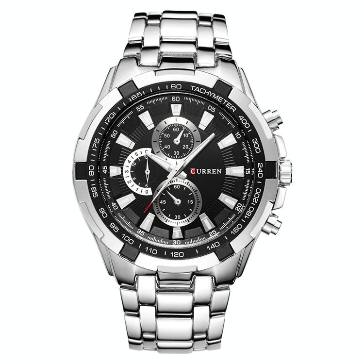 V562-I1082561020DBT-202508281730-00 Stainless Steel Men Analog Sport Watch - 8023 - White Case Black Face - Image 1