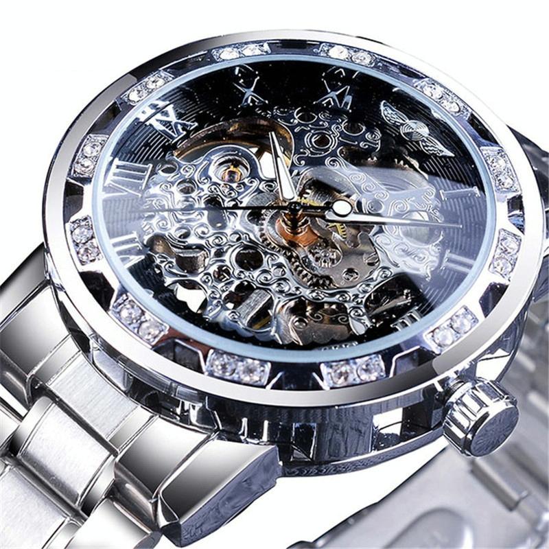V562-L1022033060DBT-202508281953-00 Men Skeleton Diamond Mechanical Watch - Luminous Pointer - Silver Belt Blue Circle Blue Face - Image 1