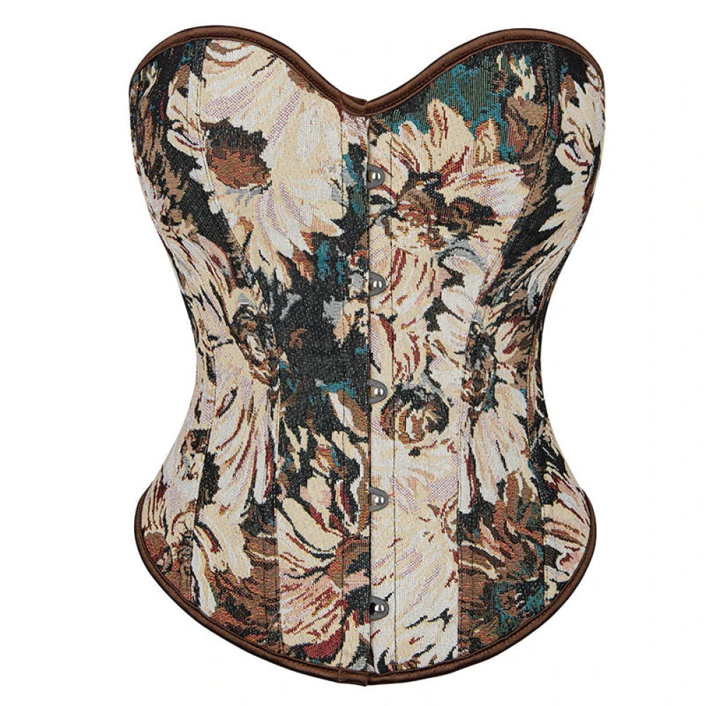 V562-OBBPBBLIAATXLPXK-13-202508291845-00 Floral Print Renaissance Corset 12 Plastic Bones Front 5 Busk Closure Plus Size - Brown 791 - S - Image 1