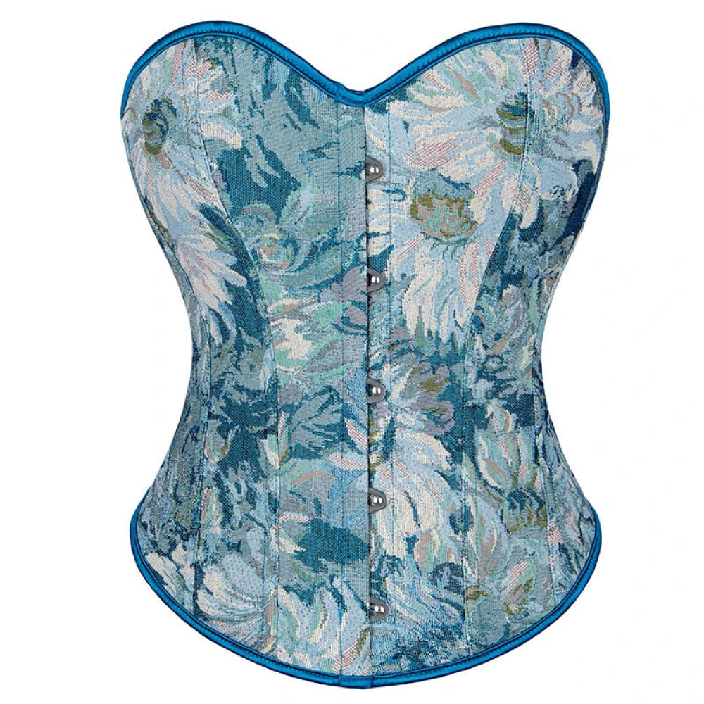 V562-OBBPBBLIAATXLPXK-14-202508291845-00 Floral Print Renaissance Corset 12 Plastic Bones Front 5 Busk Closure Plus Size - Blue 502 - M - Image 1