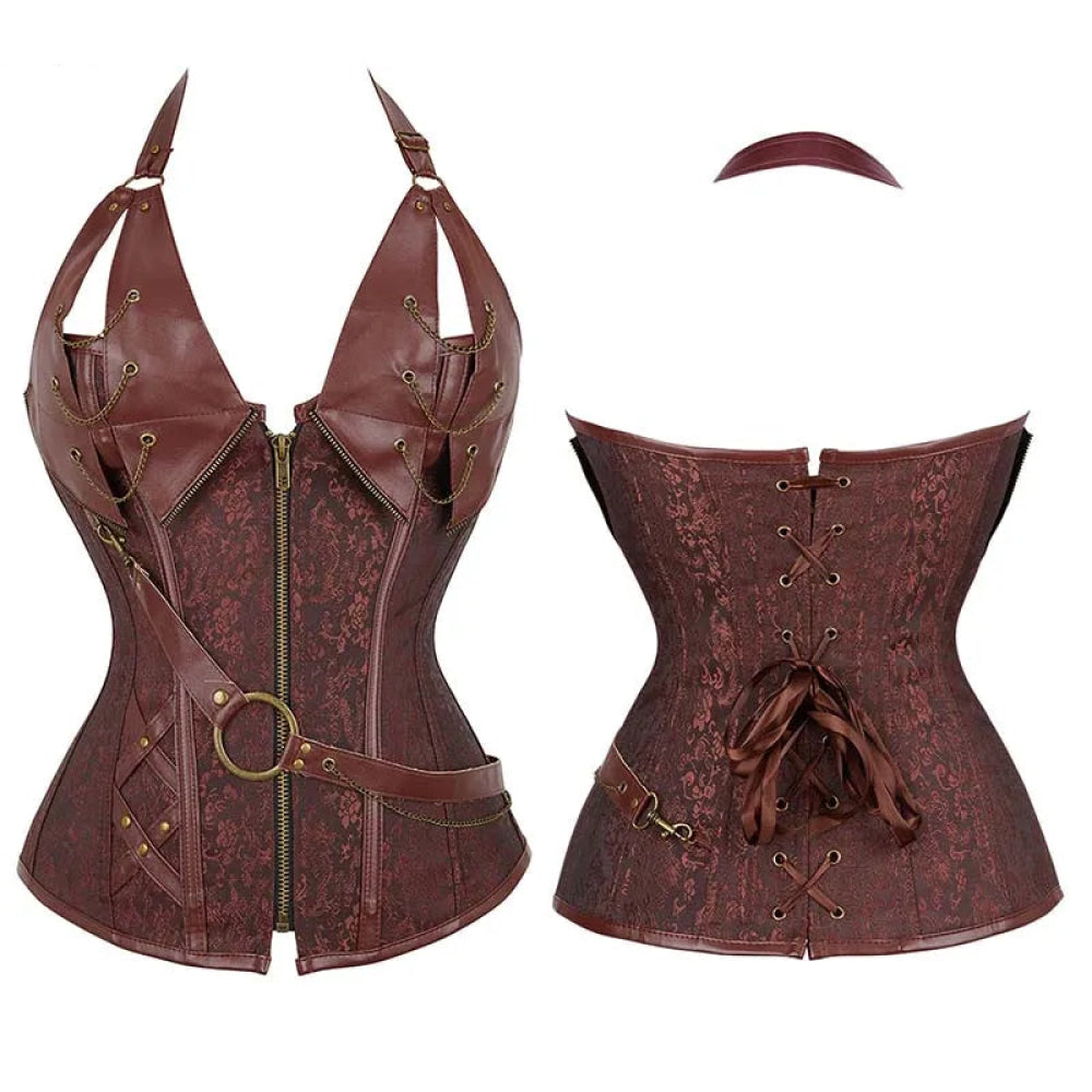 V562-OBBPBBNIPPBOAAAN-2-202508291804-00 Deep V Halter Chest Binder Bustier Black Brown Steampunk Gothic Corset Plus Size With Zip - Brown - Xl - Image 1