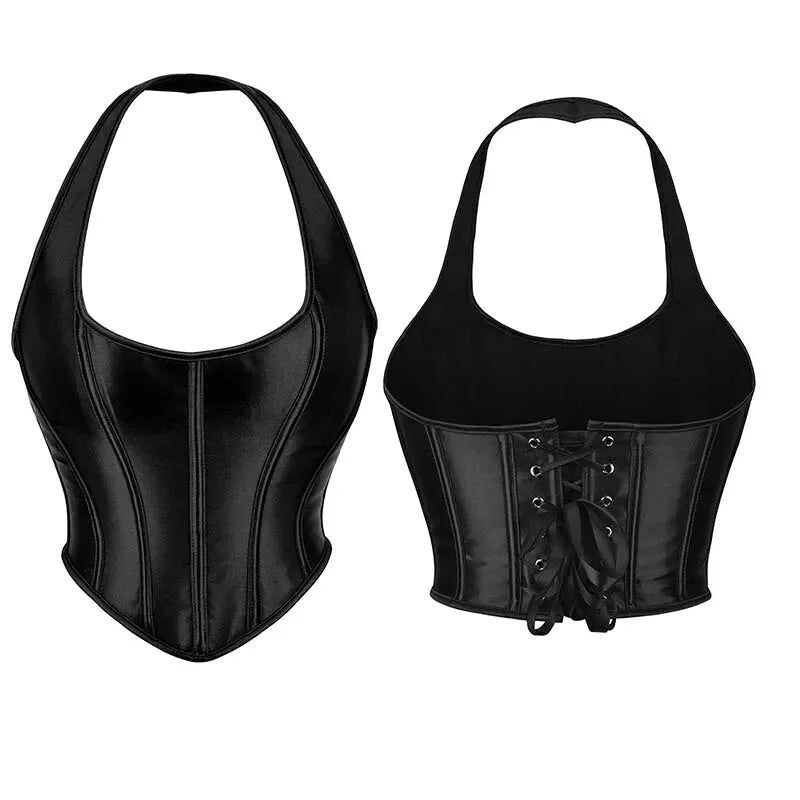 V562-OBBPBBNKATINBIPB-7-202508292025-00 Black Gothic Corset Top Plus Size Slimming Bustier With Halter-Strap And Satin Material - M - Image 1
