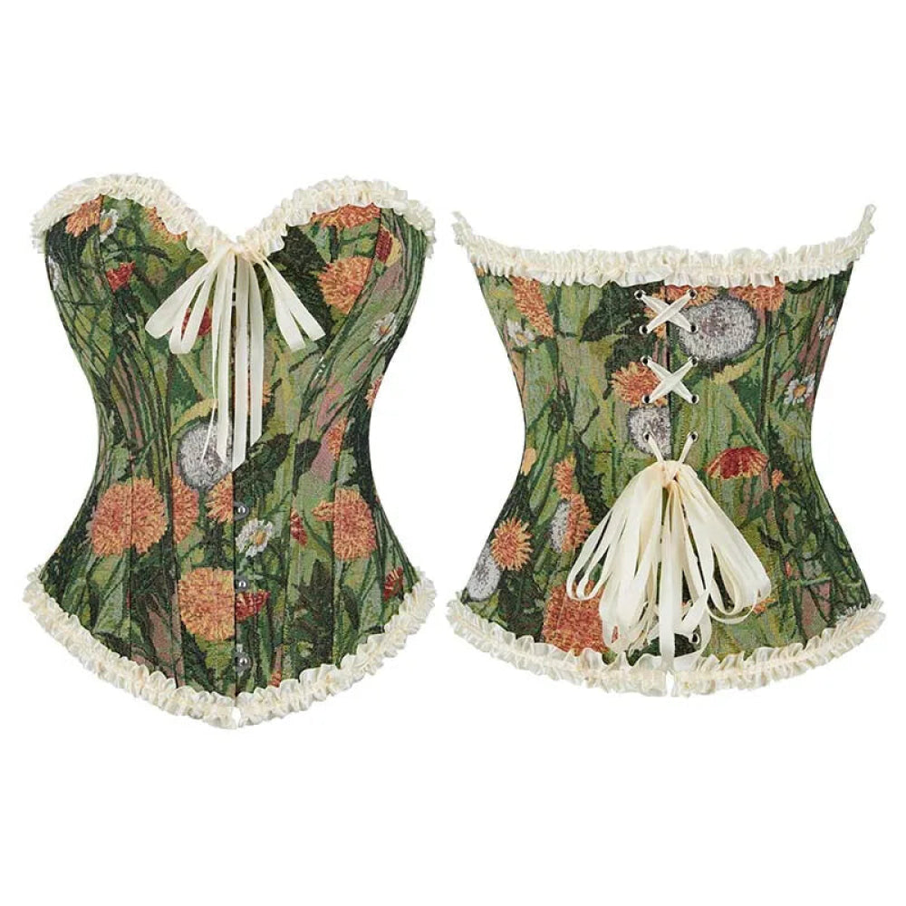 V562-OBBPBBNKAXIINXKB-4-202508291740-00 Green Floral Print Boned Corset Front Busk Closure Bowknot Bandage Victorian Style - Xxl - Image 1