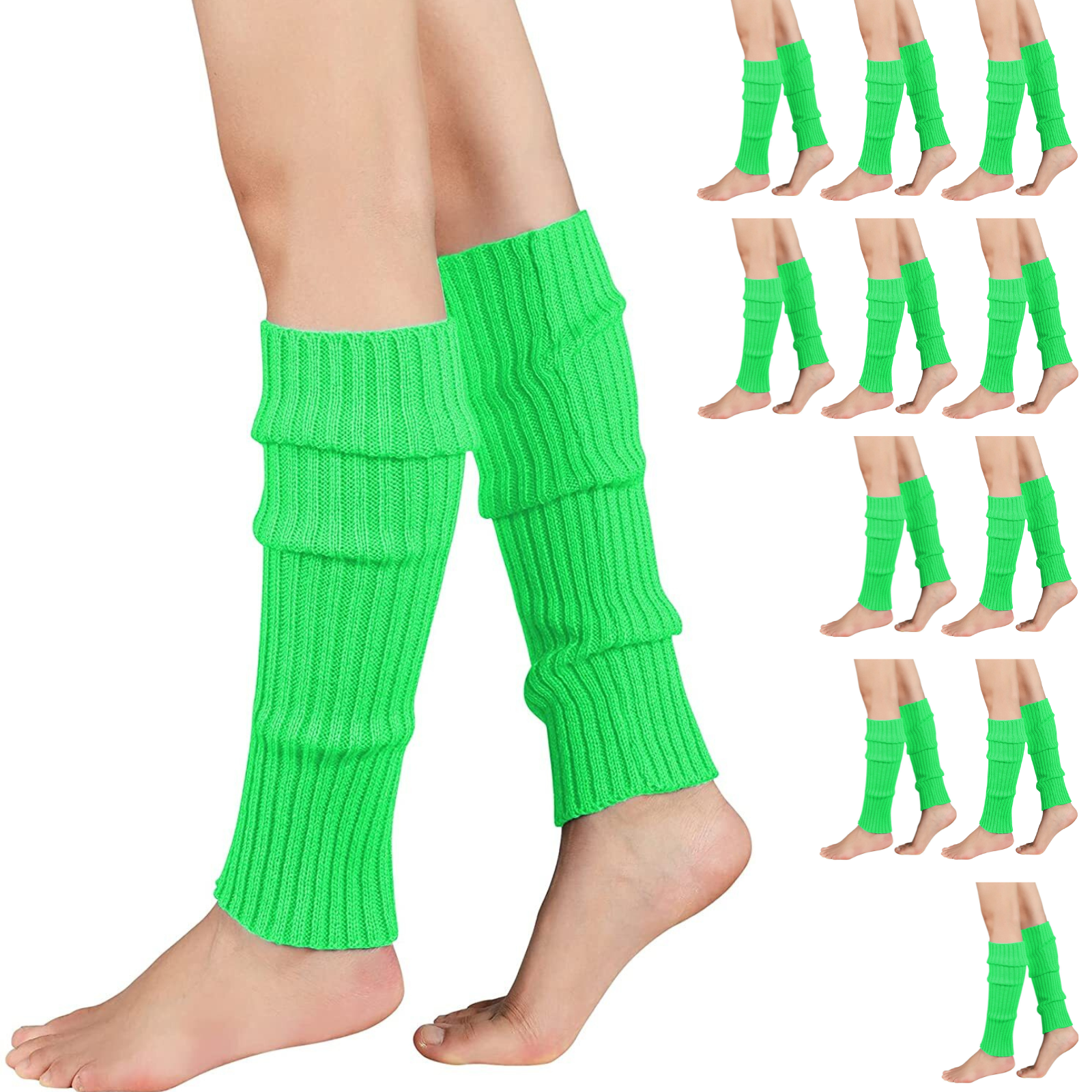 V563-BR-12LEGWARMRS-FLUGRN-202508190835-00 12x LEG WARMERS Knitted Womens Costume Neon Dance Party Knit 80s BULK - Fluro Green - Image 1
