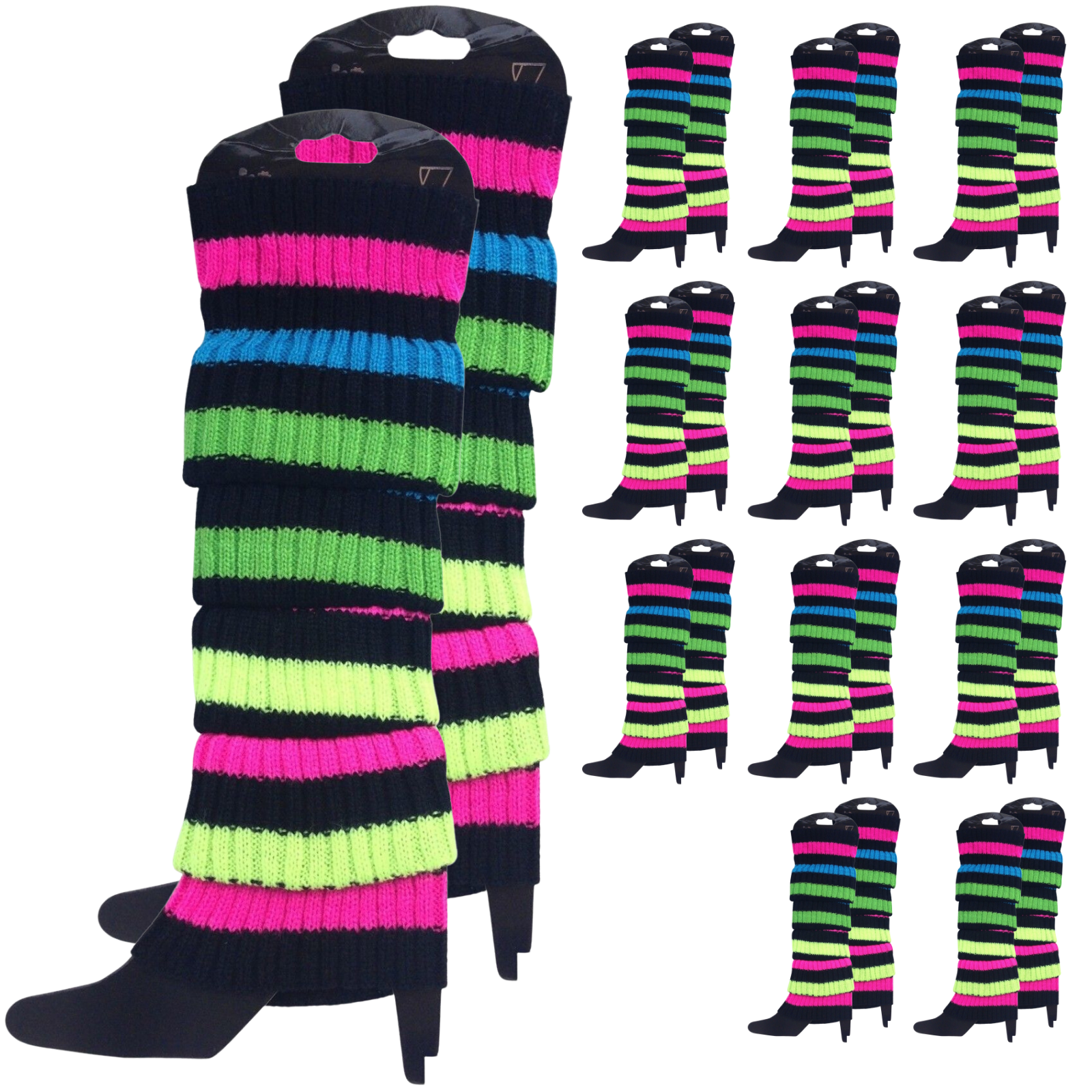 V563-BR-12LEGWARMRS-RNBWBLKSTR-202508190840-00 12x LEG WARMERS Knitted Womens Costume Neon Dance Party Knit 80s BULK - Rainbow with Black Stripe - Image 1