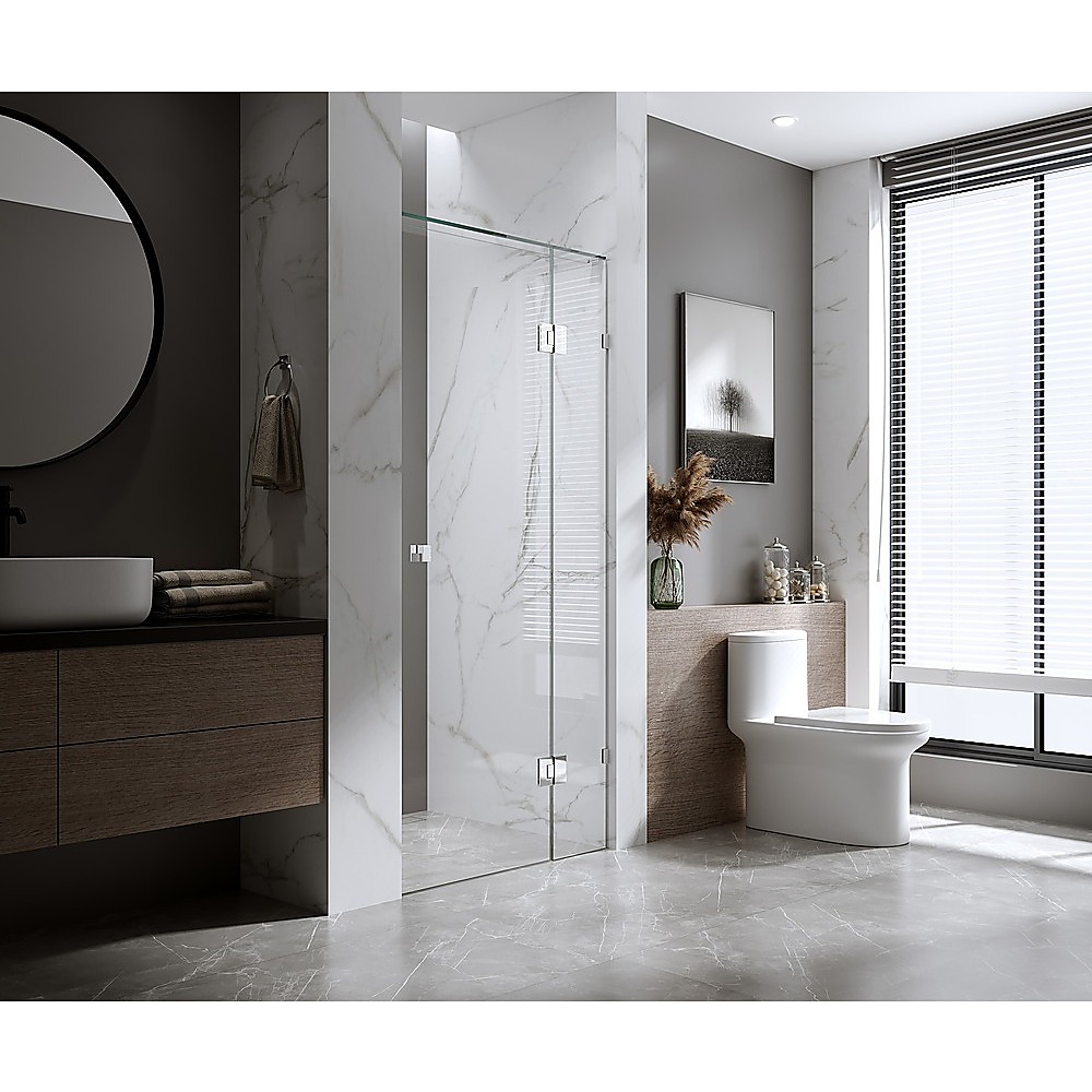 V63-858461-202507041452-00 110cm Wall to Wall Frameless Shower Screen with Nickel Brackets and Brass Hinges, Square Double Pull Handle - Wall U-Brackets - Image 1