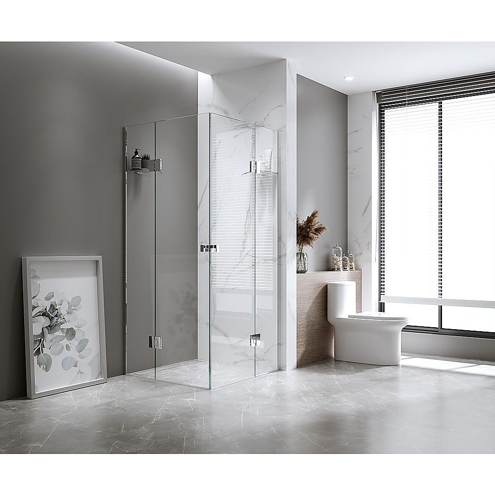 V63-909841-202507041152-00 90x110cm Double Door Corner Shower Screen with Channels and Brass Hinges - Chrome - Image 1