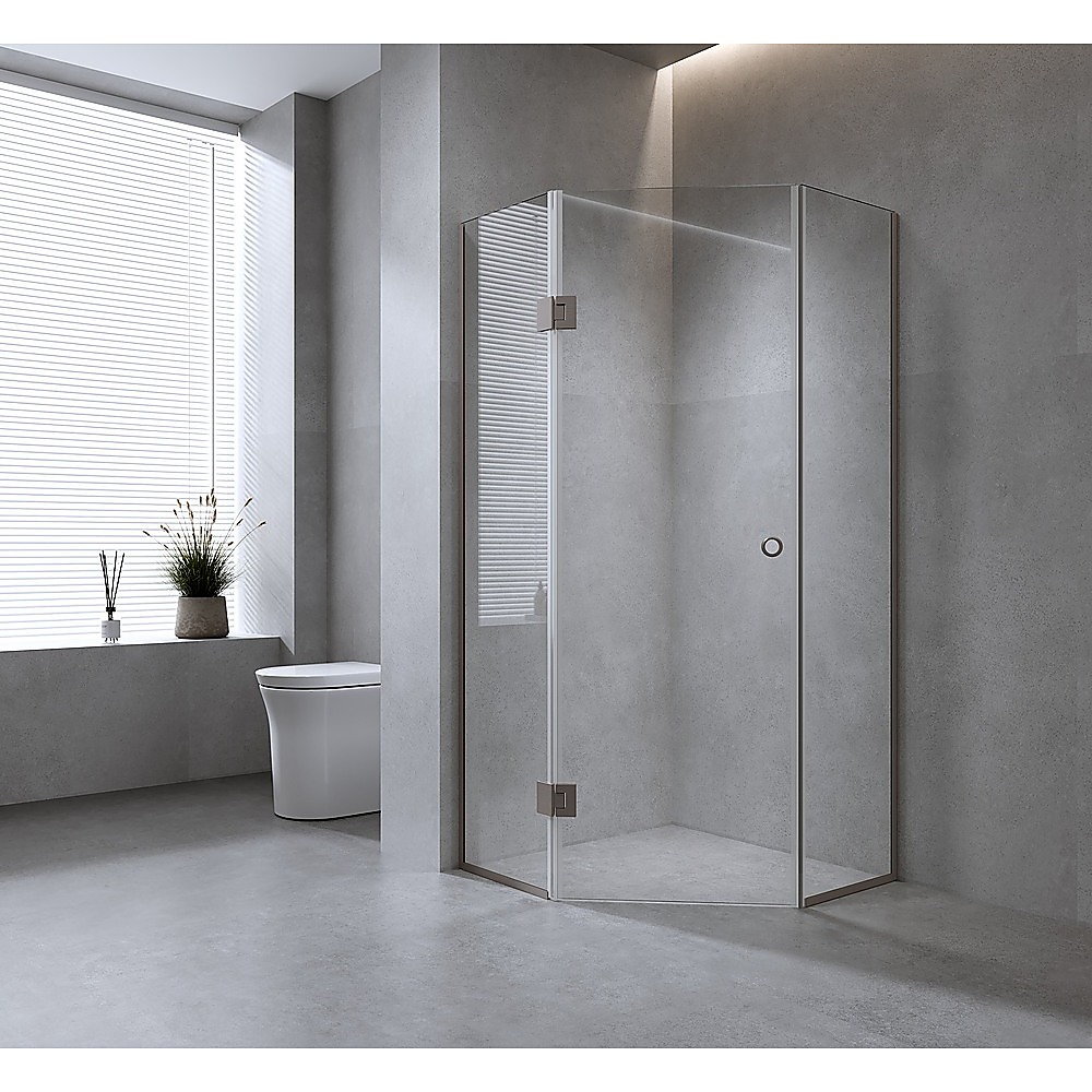 V63-932831-202507050041-00 90cm Frameless Diamond Shower Screen with Gunmetal Channels and Brass Hinges & Round Handle - Image 1
