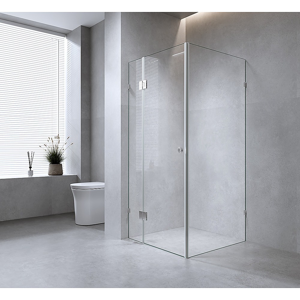 V63-944361-202507042221-00 100x90cm Corner Frameless Shower Screen with Nickel Brackets and Brass Hinges - Wall U-Brackets - Image 1