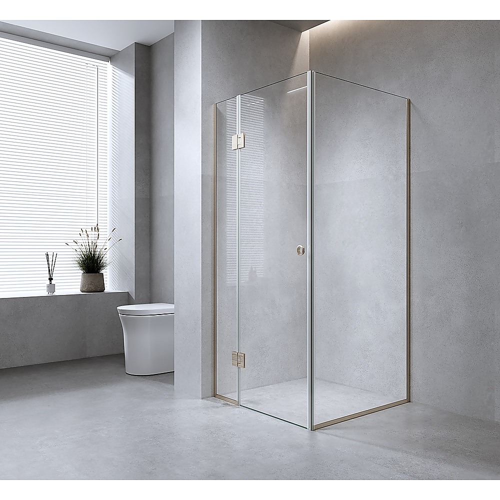 V63-946321-202507050046-00 110x110cm Corner Frameless Shower Screen with Chrome Channel and Brass Hinges - Image 1