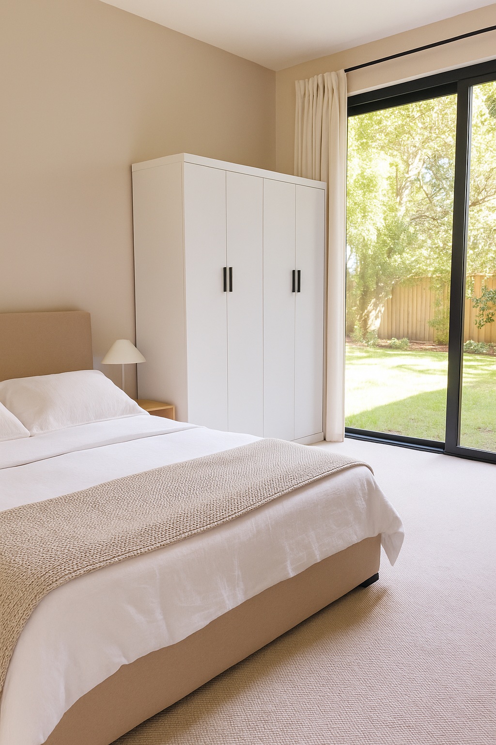 V63-953111-202509151158-00 4 Door Wardrobe in White Gloss – Hanging Rail, Shelves & Black Handles - Image 1