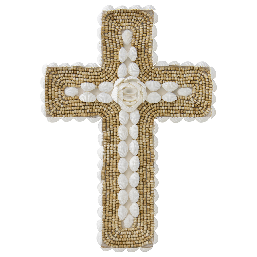 V637-33795CRS-202508251420-00 Handcrafted Shell & Narrow Weave Border Wall Hanging Cross 30x3cm - Image 1