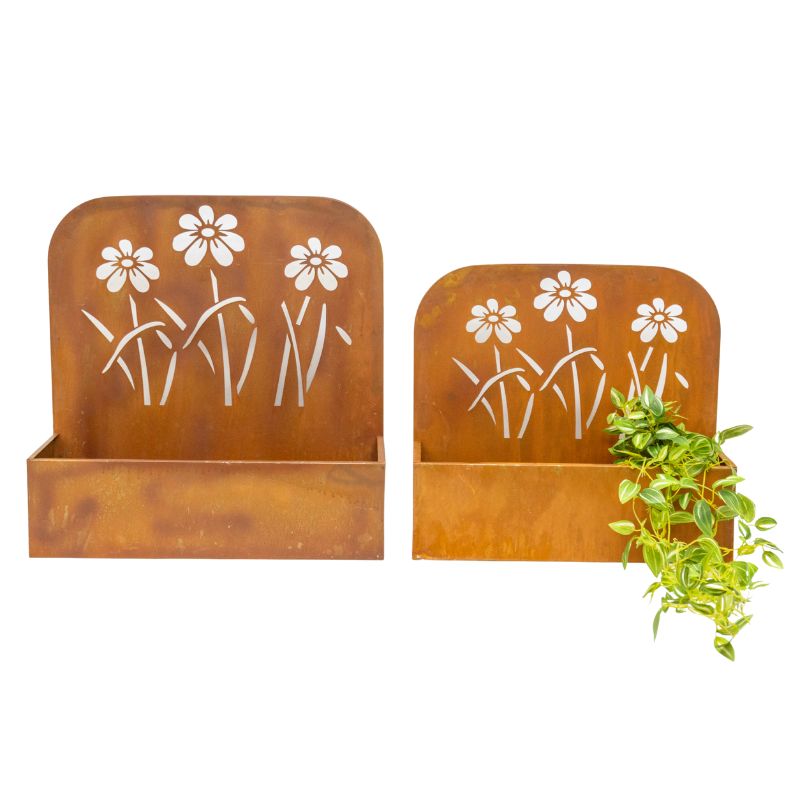 V637-48106PLN-202508251525-00 Set 2 Nested Rust 'Flowers' Wall / Floor Planters 50cm, 45cm - Image 1