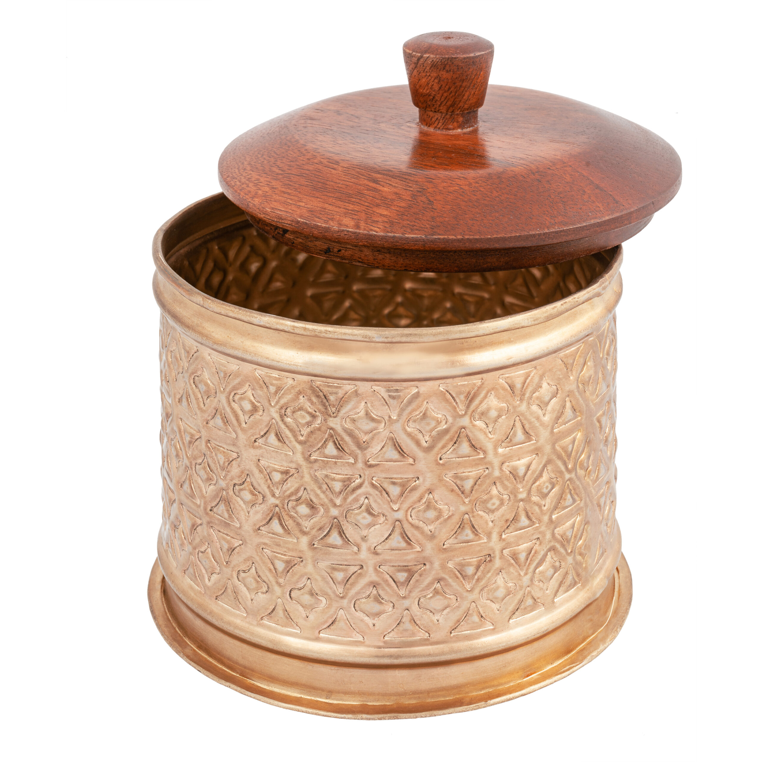 V637-59087BOX-202508251820-00 Handcrafted Round Metal Pressed Box W Mango Wood Lid 14cm - Image 1