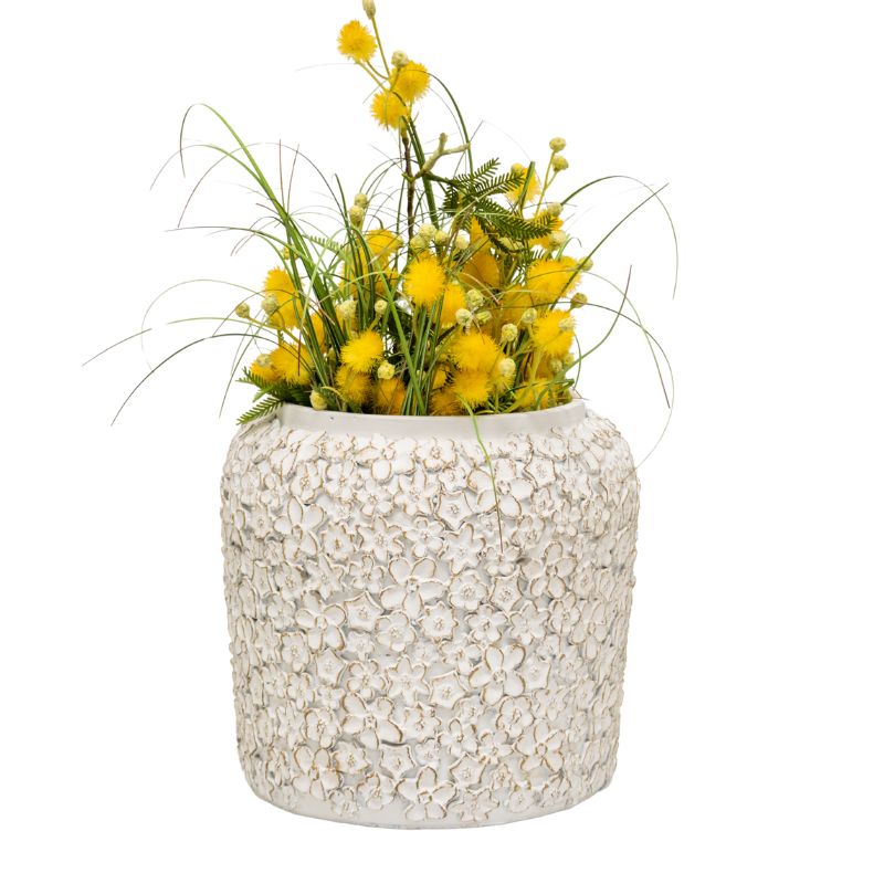 V637-88756PLN-202508251655-00 White Flower Embossed Planter w Hole + Plug 25cm - Image 1
