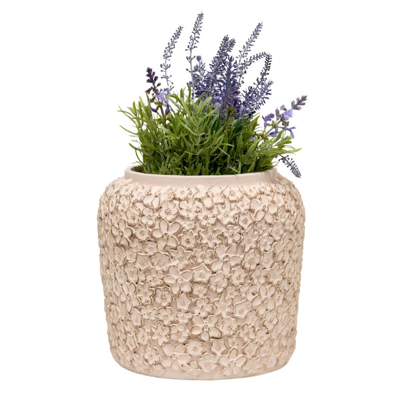 V637-88757PLN-202508251655-00 Dusty Pink Flower Embossed Planter w Hole + Plug 25cm - Image 1