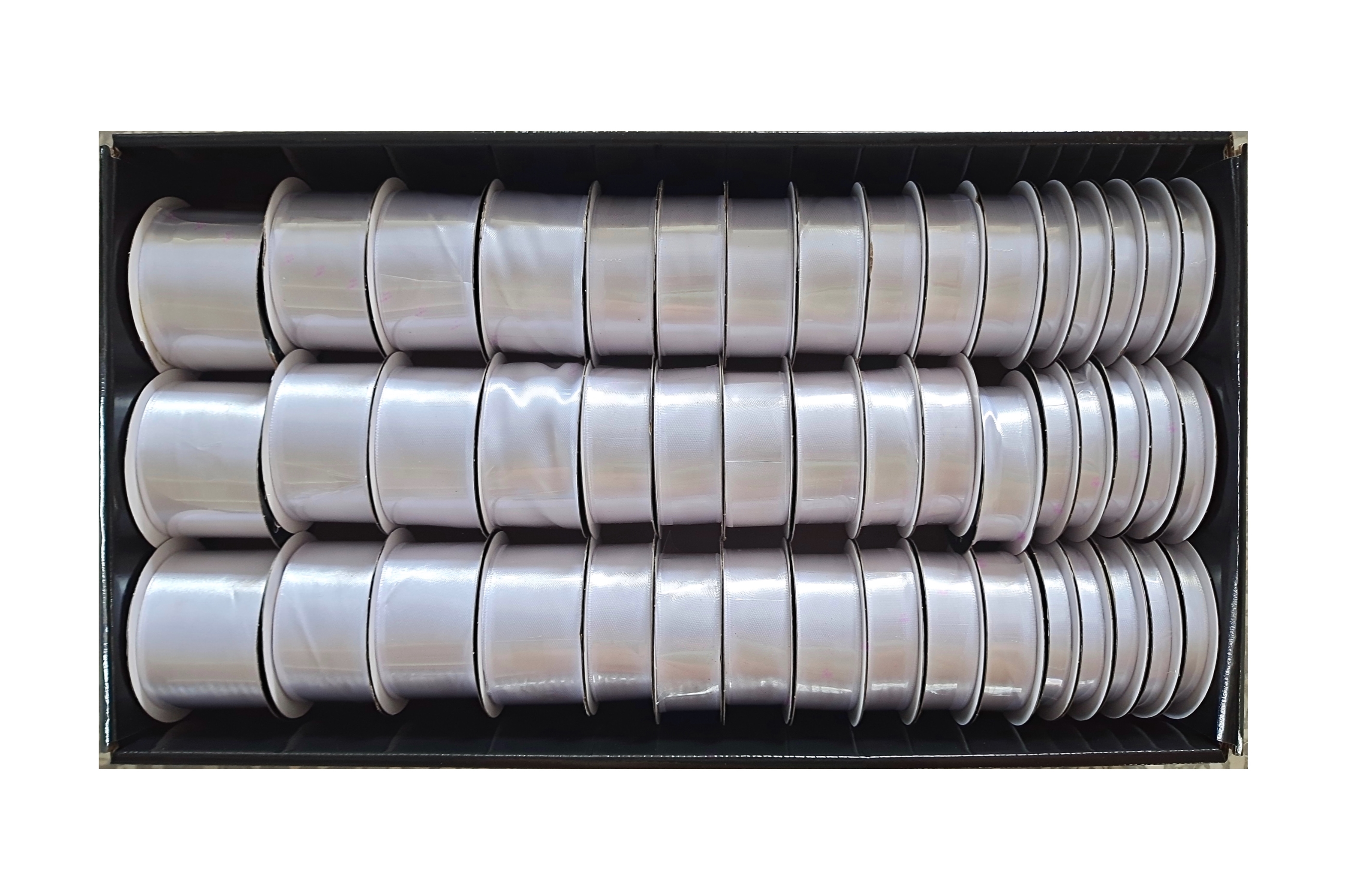 V637-CRA31380-202508251925-00 bulk 48 Roll All White Satin Ribbon Variety Sizes Displayed Box - Image 1