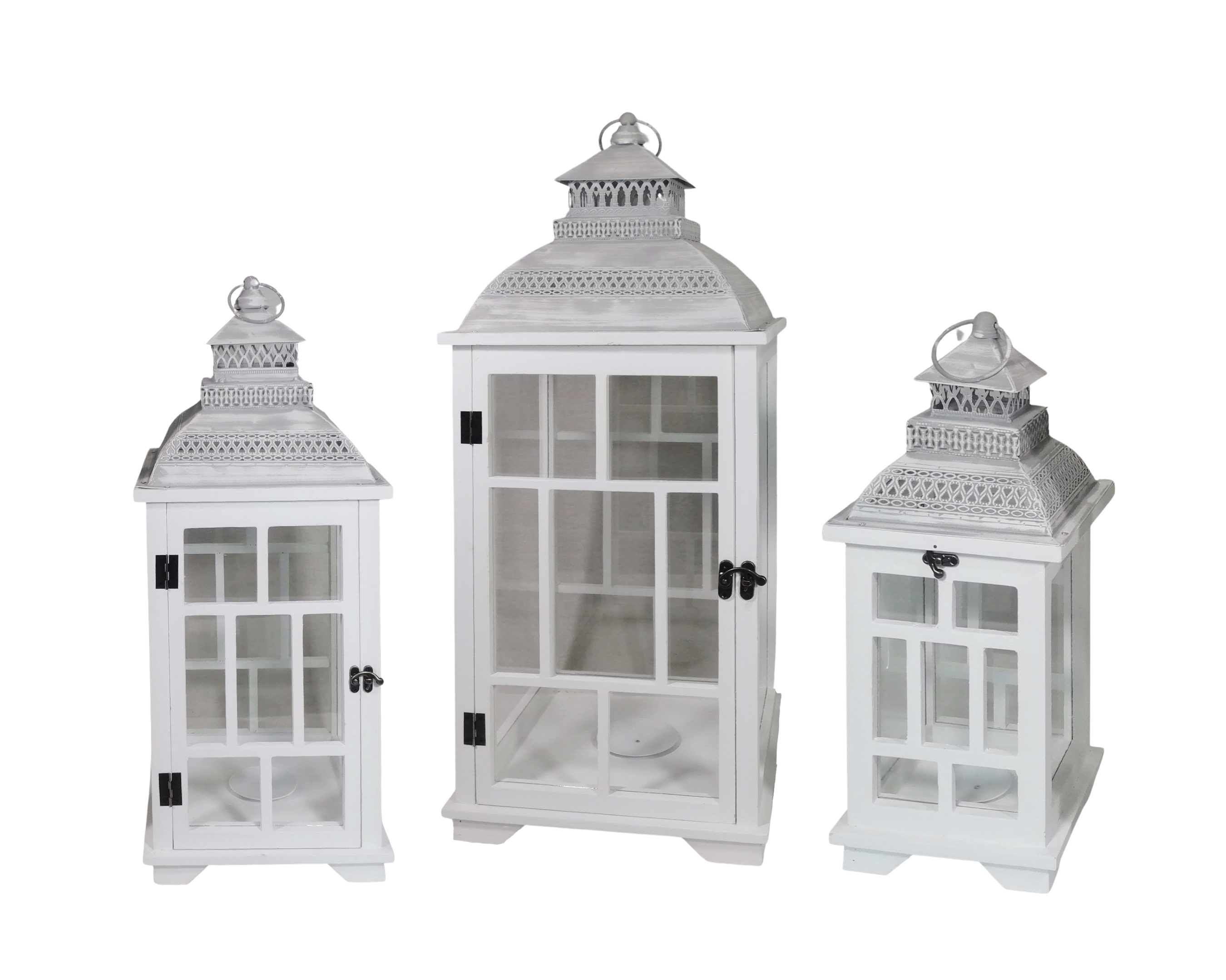 V637-DCO35033-202508251635-00 Set 3 White Wooden Lantern w Metal Roof 79cm - Image 1