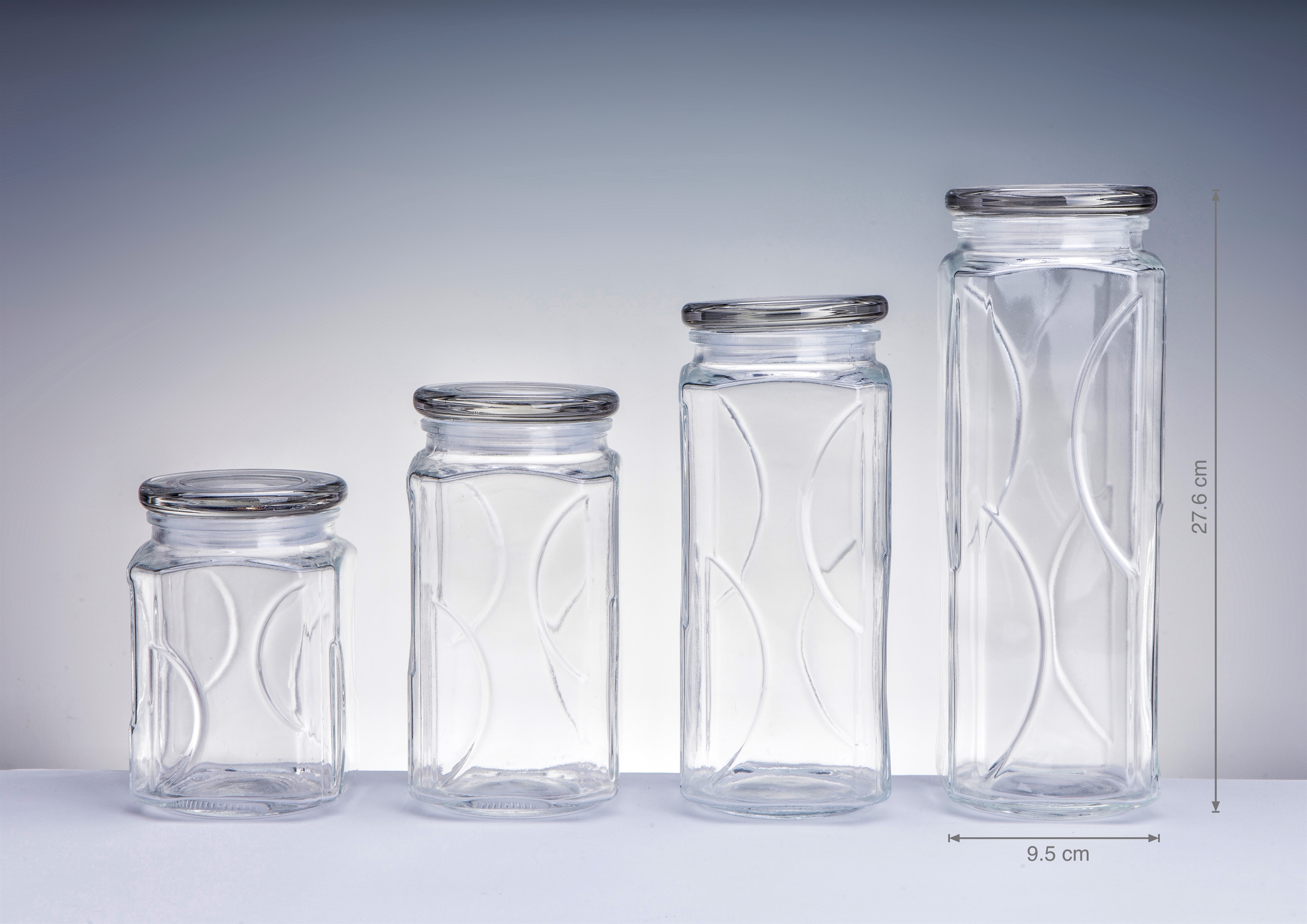 V637-KIT31846-202508252252-00 bulk 12 Swirl Embossed Squ Glass Jar w Glass Lid 27cm - Image 1