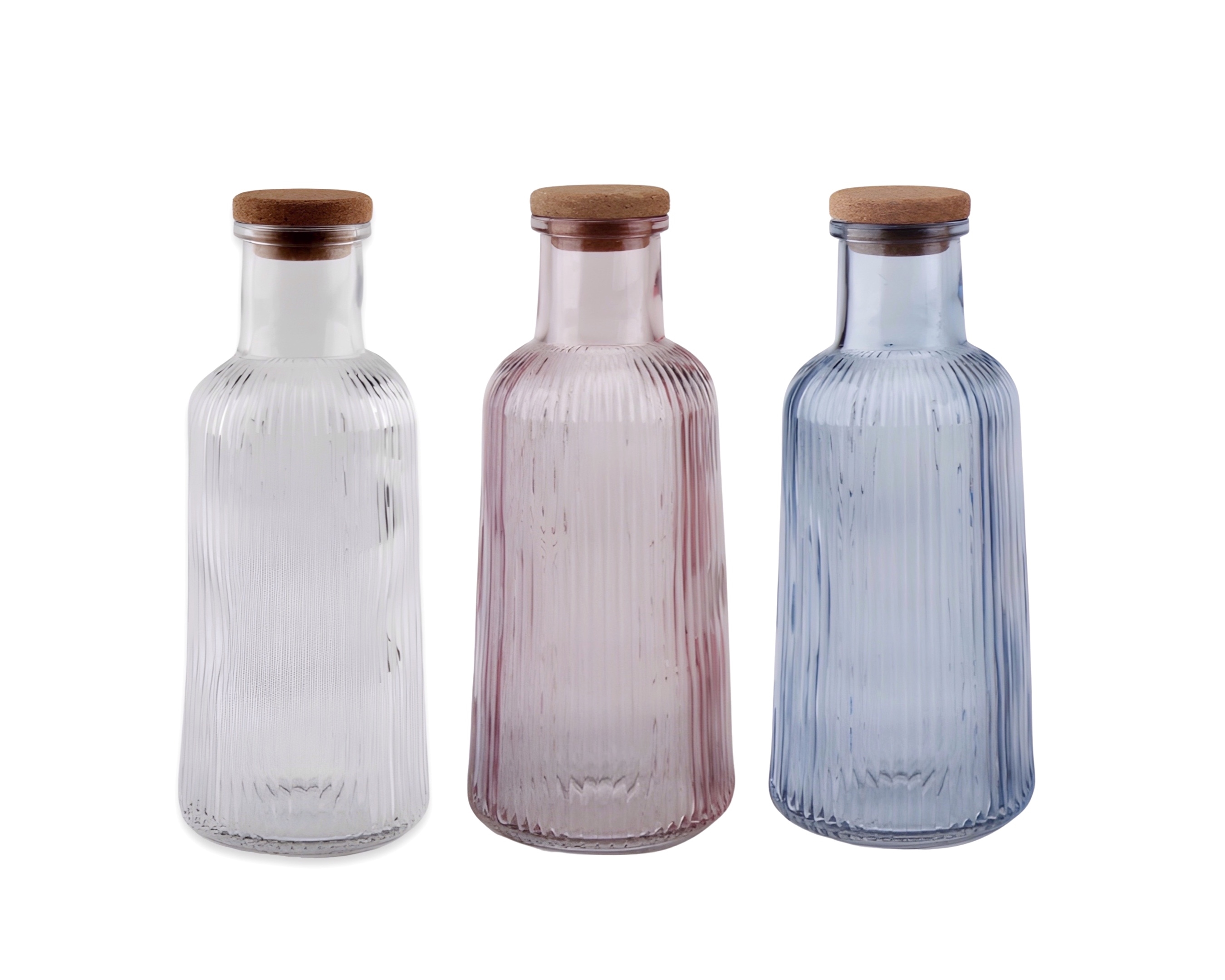 V637-KIT35078-202508252335-00 bulk 12 Ribbed Glass Bottle With Cork Lid 1lt 3 Assorted 8x28cm - Image 1